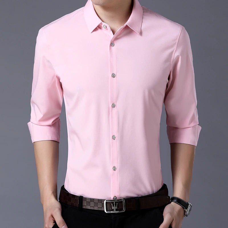 Camisa de manga larga de color sólido de negocios de moda casual para hombres - VibraStore