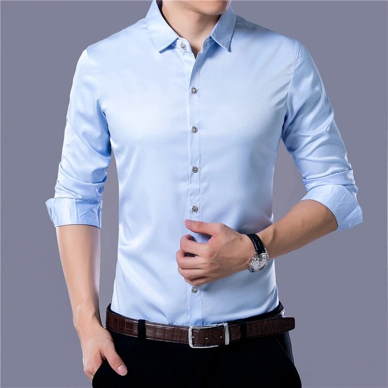 Camisa de manga larga de color sólido de negocios de moda casual para hombres - VibraStore