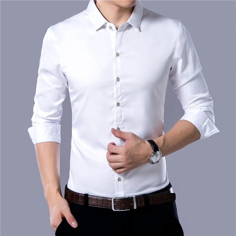 Camisa de manga larga de color sólido de negocios de moda casual para hombres - VibraStore
