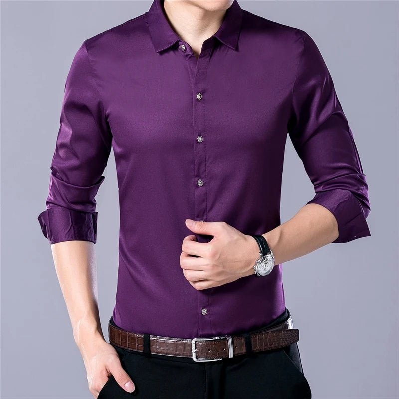 Camisa de manga larga de color sólido de negocios de moda casual para hombres - VibraStore