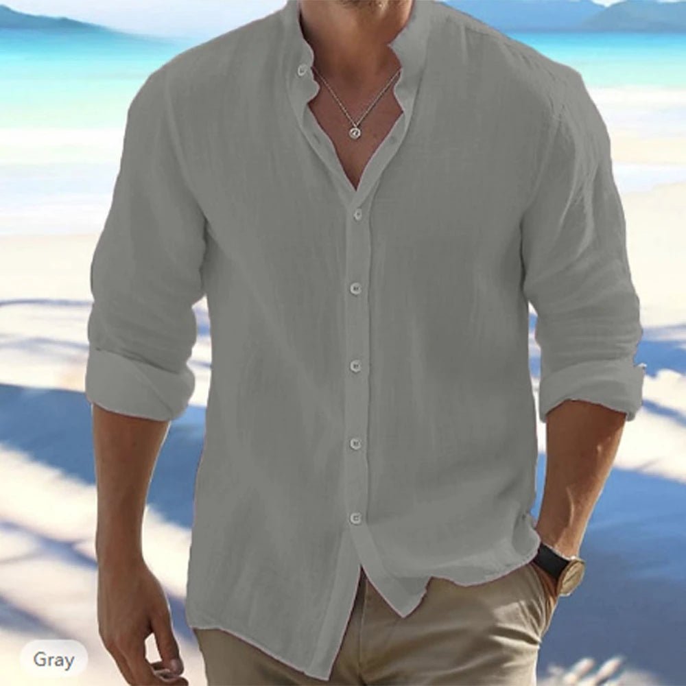 Camisas de manga larga para hombre, gran oferta de lino y algodón, Color sólido, cuello levantado, estilo informal de playa de talla grande, verano - VibraStore
