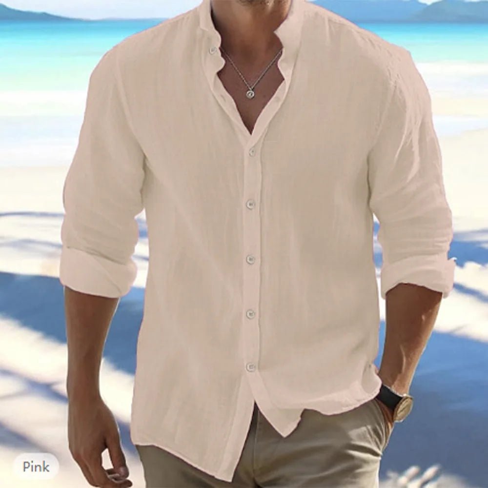 Camisas de manga larga para hombre, gran oferta de lino y algodón, Color sólido, cuello levantado, estilo informal de playa de talla grande, verano - VibraStore