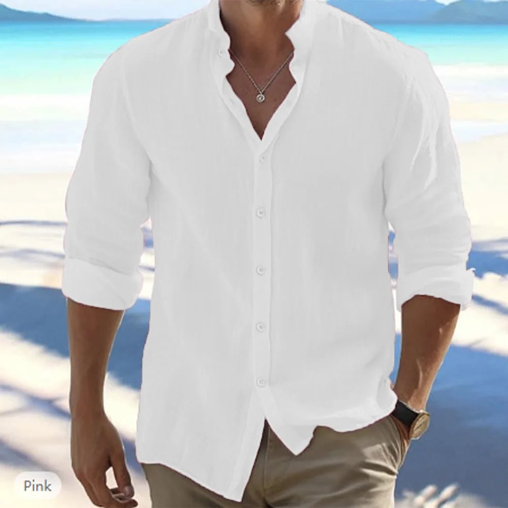Camisas de manga larga para hombre, gran oferta de lino y algodón, Color sólido, cuello levantado, estilo informal de playa de talla grande, verano - VibraStore