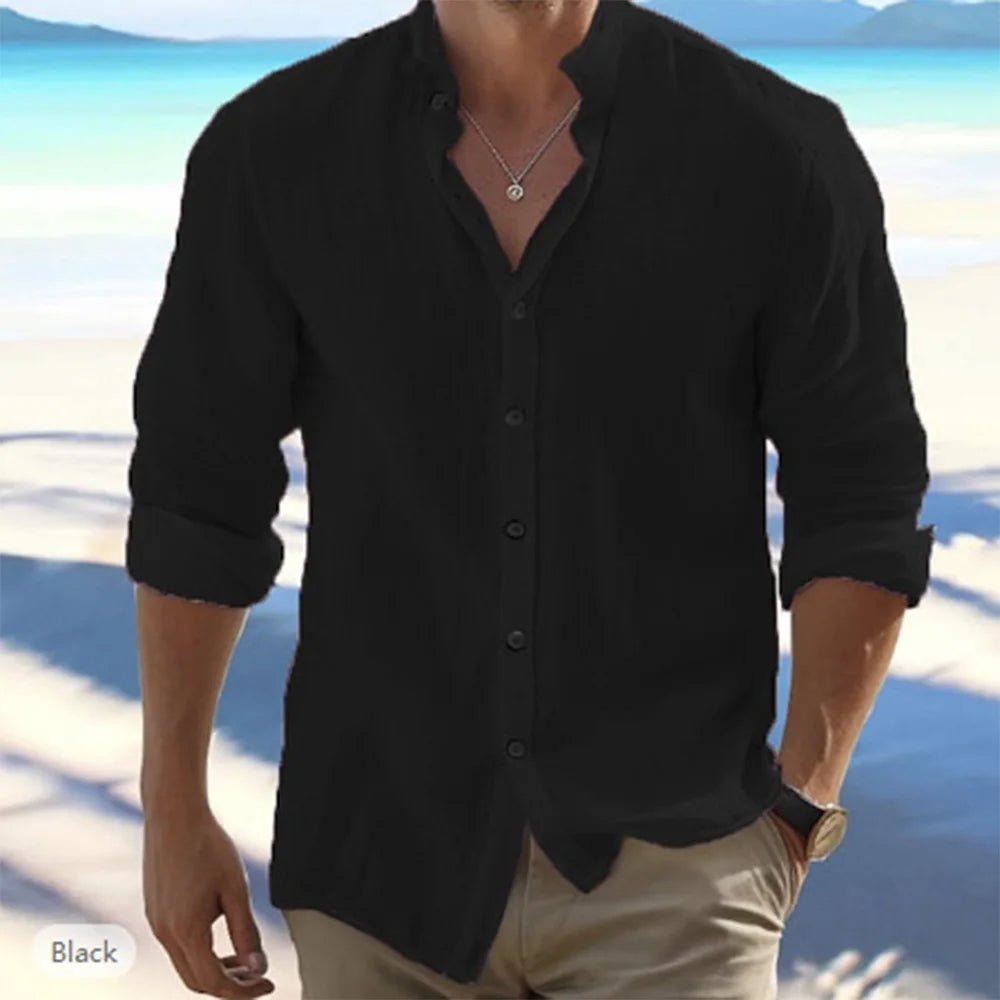 Camisas de manga larga para hombre, gran oferta de lino y algodón, Color sólido, cuello levantado, estilo informal de playa de talla grande, verano - VibraStore