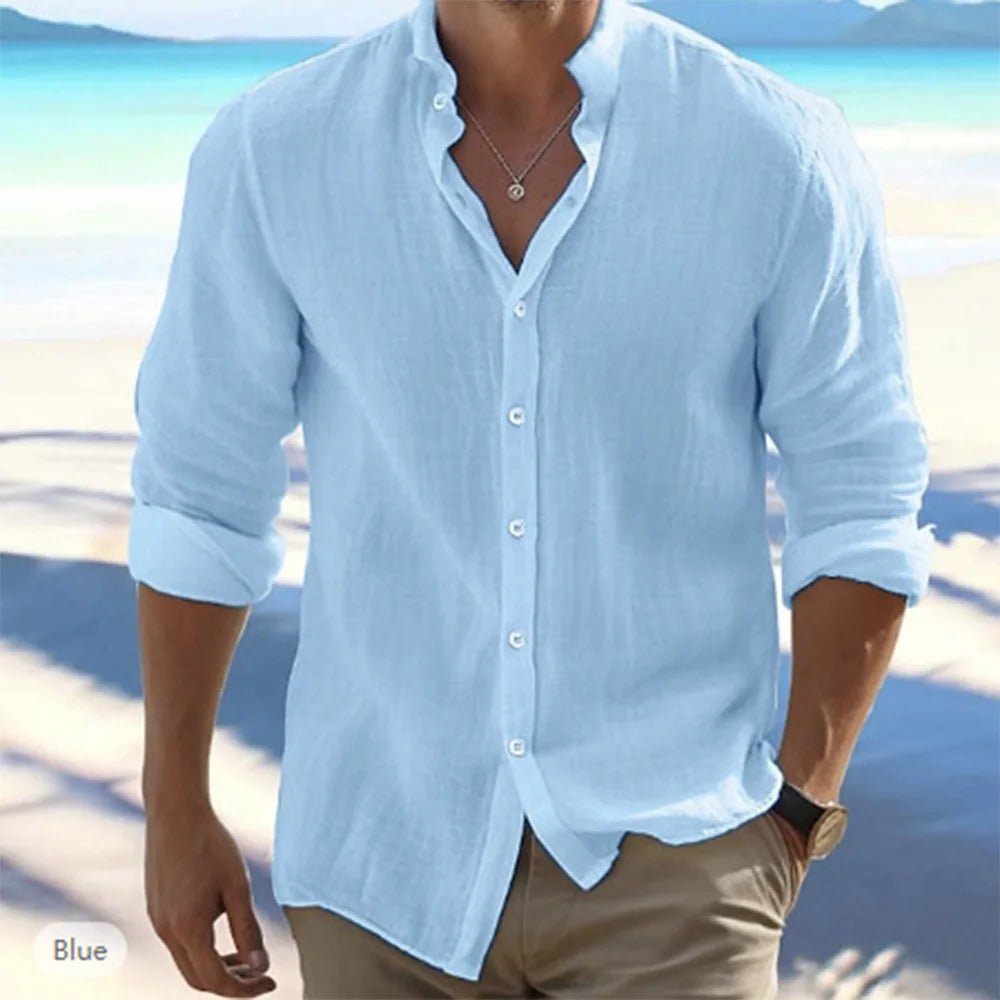 Camisas de manga larga para hombre, gran oferta de lino y algodón, Color sólido, cuello levantado, estilo informal de playa de talla grande, verano - VibraStore