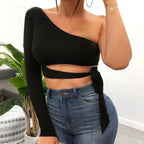 Camiseta ajustada con vendaje para mujer, tops de manga larga con un hombro y pajarita, camiseta lisa elástica con hombros descubiertos, top corto sexy para discoteca y calle - VibraStore