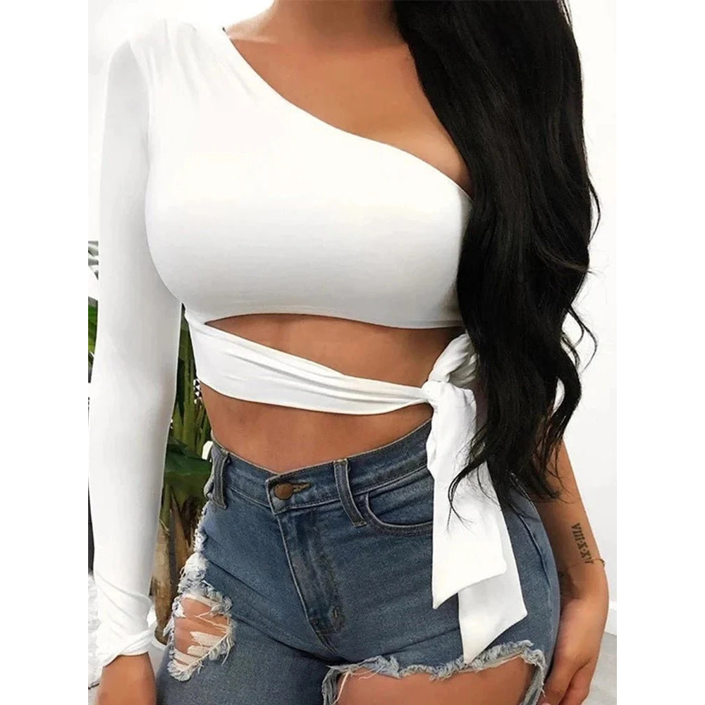 Camiseta ajustada con vendaje para mujer, tops de manga larga con un hombro y pajarita, camiseta lisa elástica con hombros descubiertos, top corto sexy para discoteca y calle - VibraStore