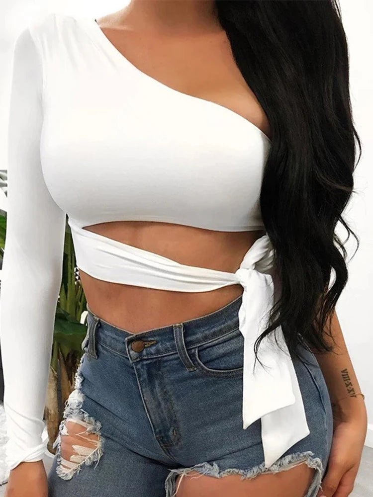 Camiseta ajustada con vendaje para mujer, tops de manga larga con un hombro y pajarita, camiseta lisa elástica con hombros descubiertos, top corto sexy para discoteca y calle - VibraStore