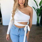 Camiseta ajustada con vendaje para mujer, tops de manga larga con un hombro y pajarita, camiseta lisa elástica con hombros descubiertos, top corto sexy para discoteca y calle - VibraStore