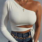 Camiseta ajustada con vendaje para mujer, tops de manga larga con un hombro y pajarita, camiseta lisa elástica con hombros descubiertos, top corto sexy para discoteca y calle - VibraStore
