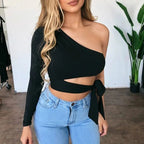 Camiseta ajustada con vendaje para mujer, tops de manga larga con un hombro y pajarita, camiseta lisa elástica con hombros descubiertos, top corto sexy para discoteca y calle - VibraStore