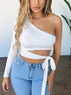 Camiseta ajustada con vendaje para mujer, tops de manga larga con un hombro y pajarita, camiseta lisa elástica con hombros descubiertos, top corto sexy para discoteca y calle - VibraStore