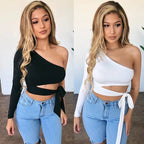 Camiseta ajustada con vendaje para mujer, tops de manga larga con un hombro y pajarita, camiseta lisa elástica con hombros descubiertos, top corto sexy para discoteca y calle - VibraStore