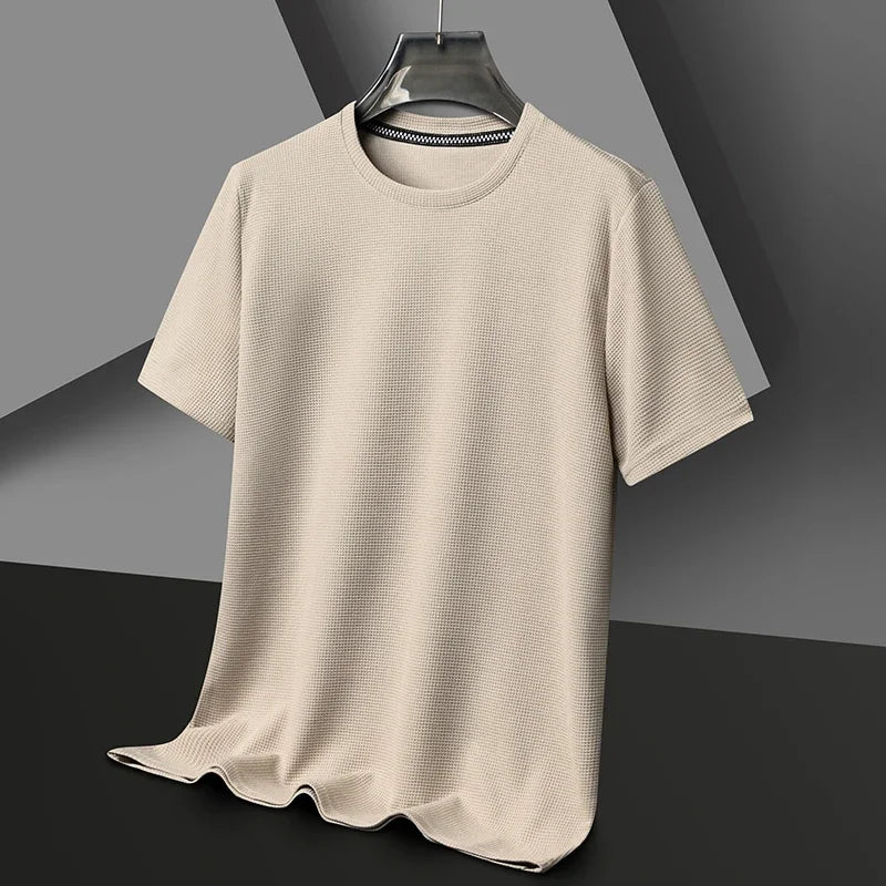 camiseta de manga corta con cuello redondo y gofres de verano para hombre, Top cómodo y transpirable de manga corta para uso informal - VibraStore