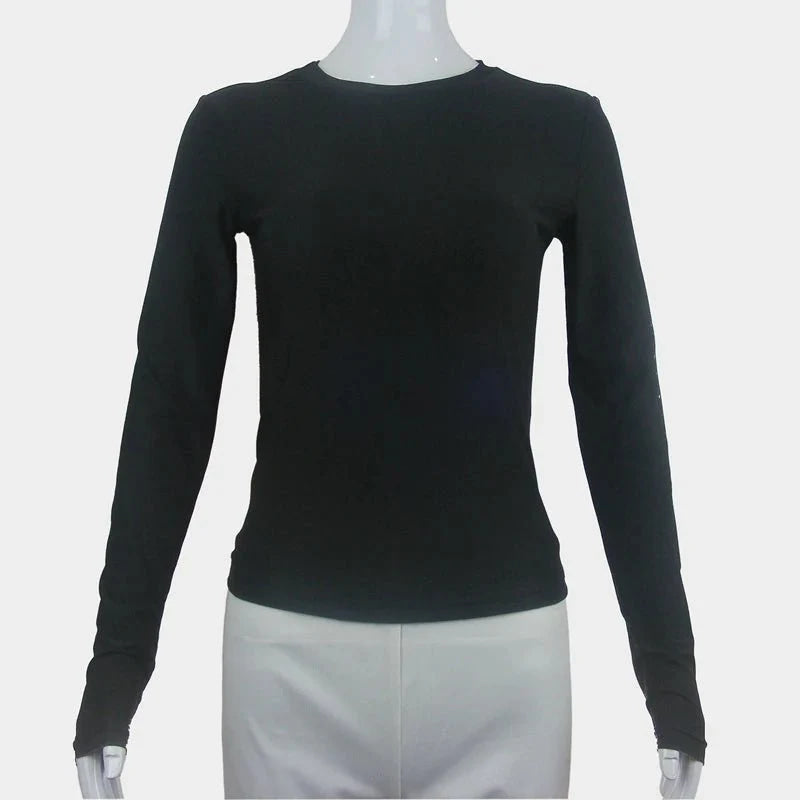 camiseta de manga larga, Tops ajustados, camiseta ajustada de punto con cuello redondo para mujer, ropa de calle 2024, nuevo 2408 - VibraStore