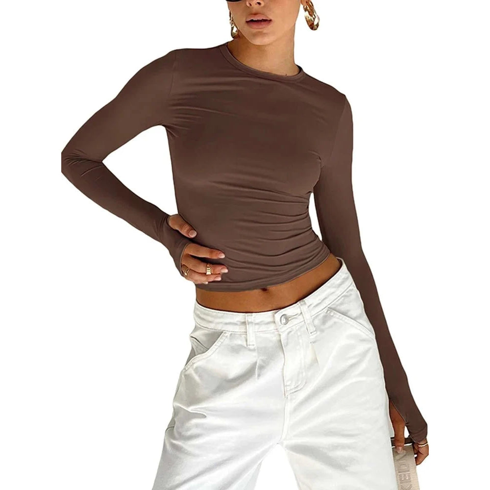 Camiseta de moda para mujer, Top corto ajustado liso con cuello redondo y manga larga con agujeros para los pulgares para ropa de calle diaria, camisola de verano - VibraStore