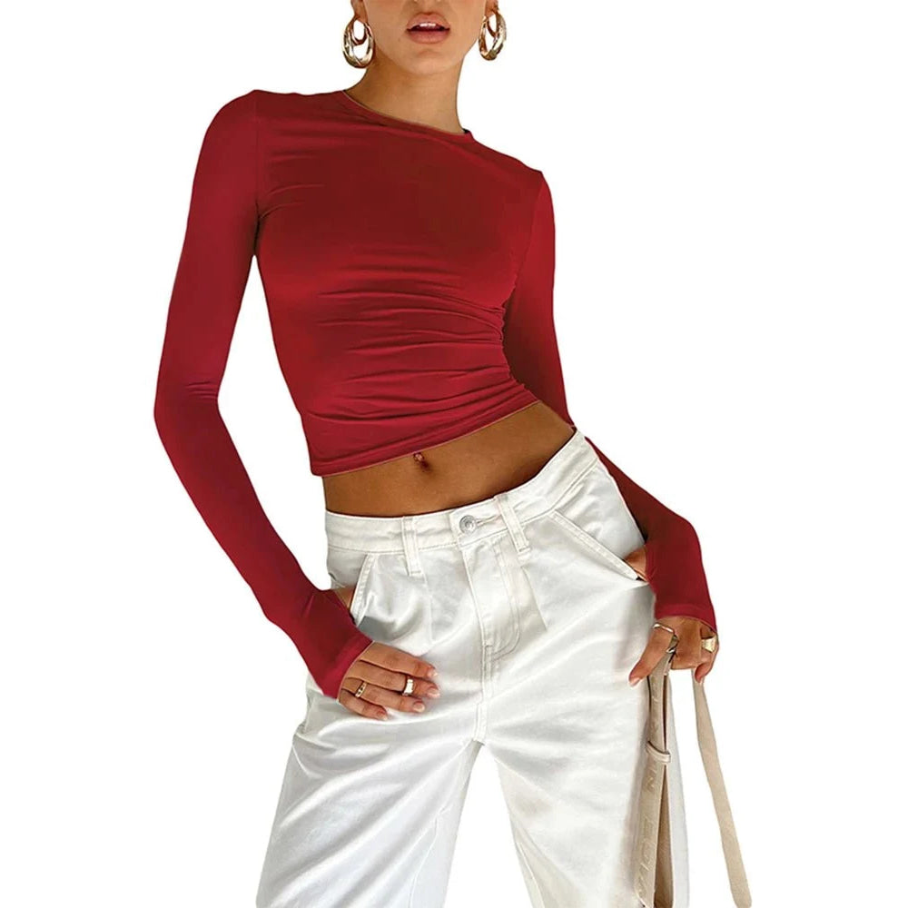 Camiseta de moda para mujer, Top corto ajustado liso con cuello redondo y manga larga con agujeros para los pulgares para ropa de calle diaria, camisola de verano - VibraStore