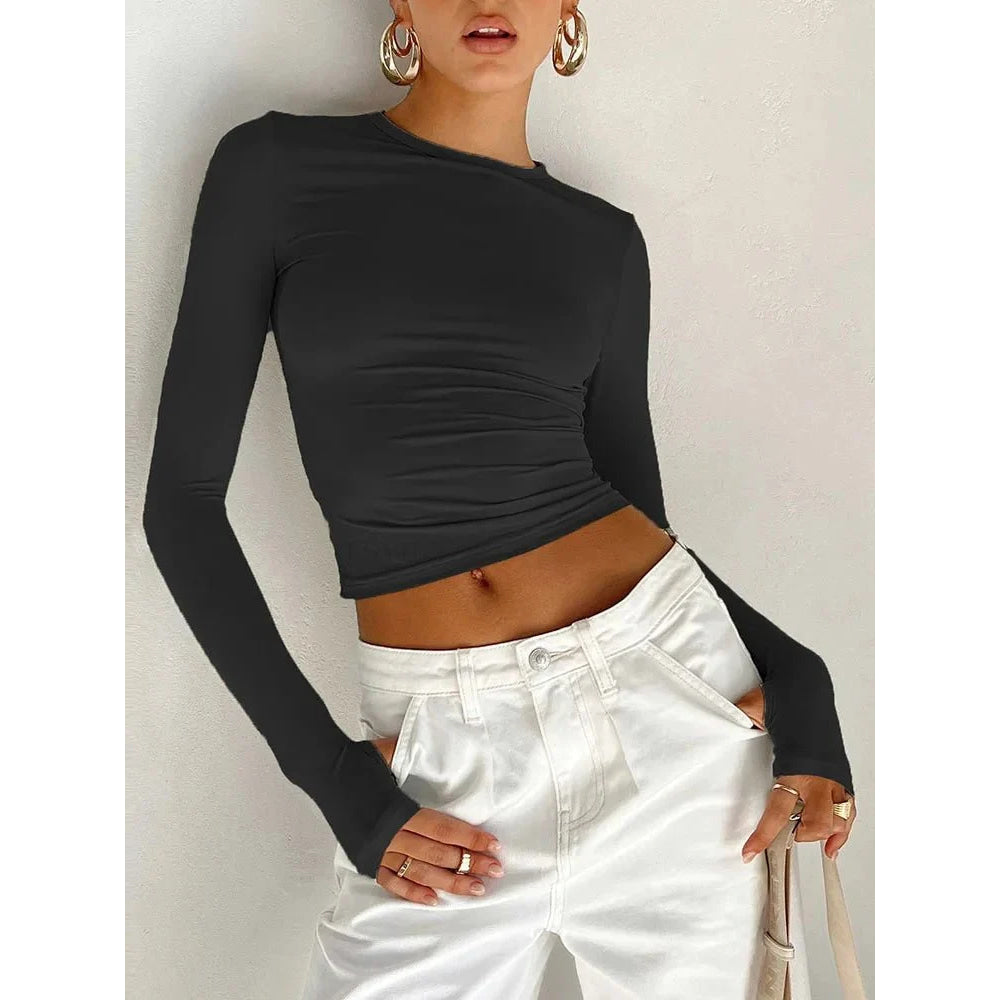 Camiseta de moda para mujer, Top corto ajustado liso con cuello redondo y manga larga con agujeros para los pulgares para ropa de calle diaria, camisola de verano - VibraStore