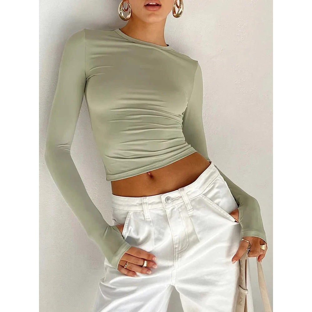 Camiseta de moda para mujer, Top corto ajustado liso con cuello redondo y manga larga con agujeros para los pulgares para ropa de calle diaria, camisola de verano - VibraStore