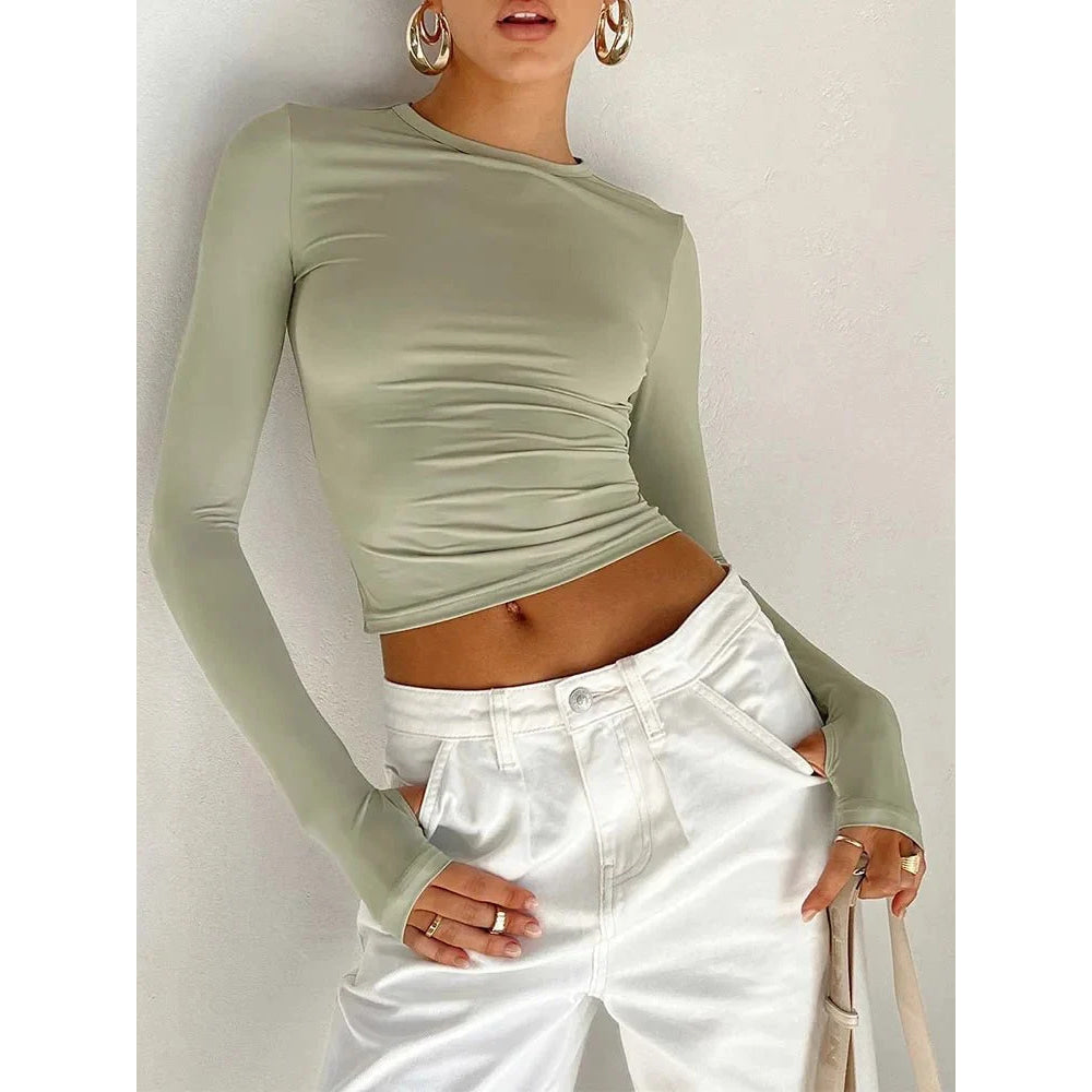 Camiseta de moda para mujer, Top corto ajustado liso con cuello redondo y manga larga con agujeros para los pulgares para ropa de calle diaria, camisola de verano - VibraStore