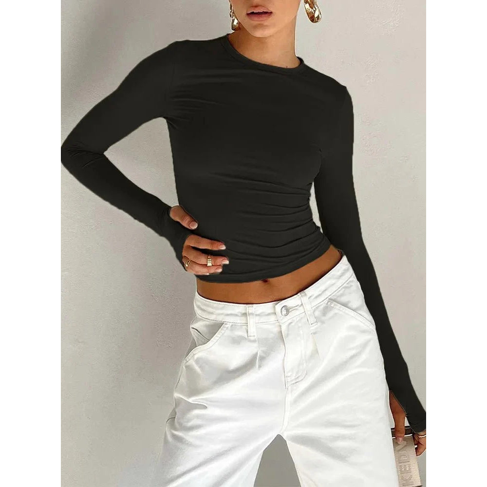 Camiseta de moda para mujer, Top corto ajustado liso con cuello redondo y manga larga con agujeros para los pulgares para ropa de calle diaria, camisola de verano - VibraStore