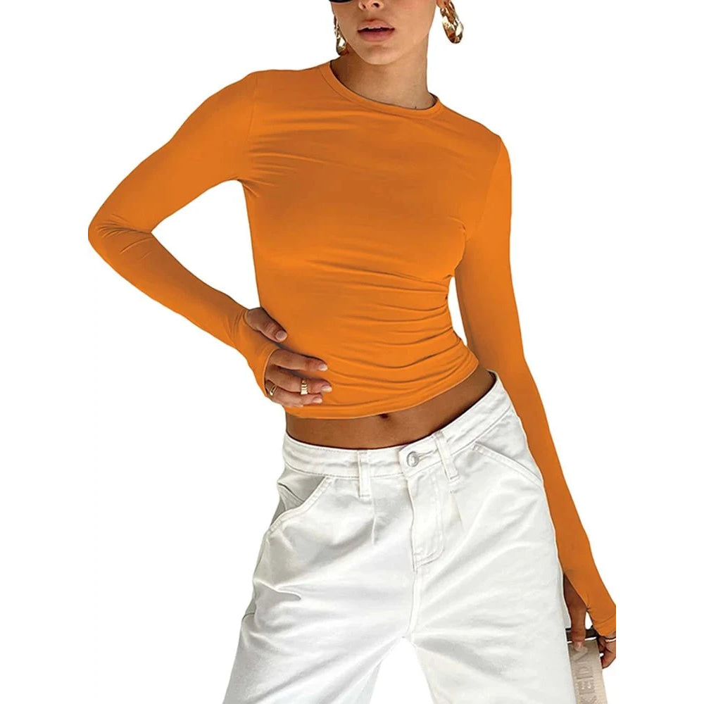Camiseta de moda para mujer, Top corto ajustado liso con cuello redondo y manga larga con agujeros para los pulgares para ropa de calle diaria, camisola de verano - VibraStore