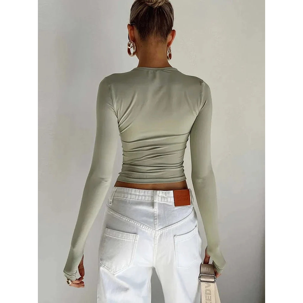 Camiseta de moda para mujer, Top corto ajustado liso con cuello redondo y manga larga con agujeros para los pulgares para ropa de calle diaria, camisola de verano - VibraStore