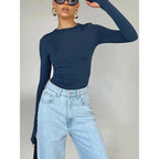 Camiseta de moda para mujer, Top corto ajustado liso con cuello redondo y manga larga con agujeros para los pulgares para ropa de calle diaria, camisola de verano - VibraStore