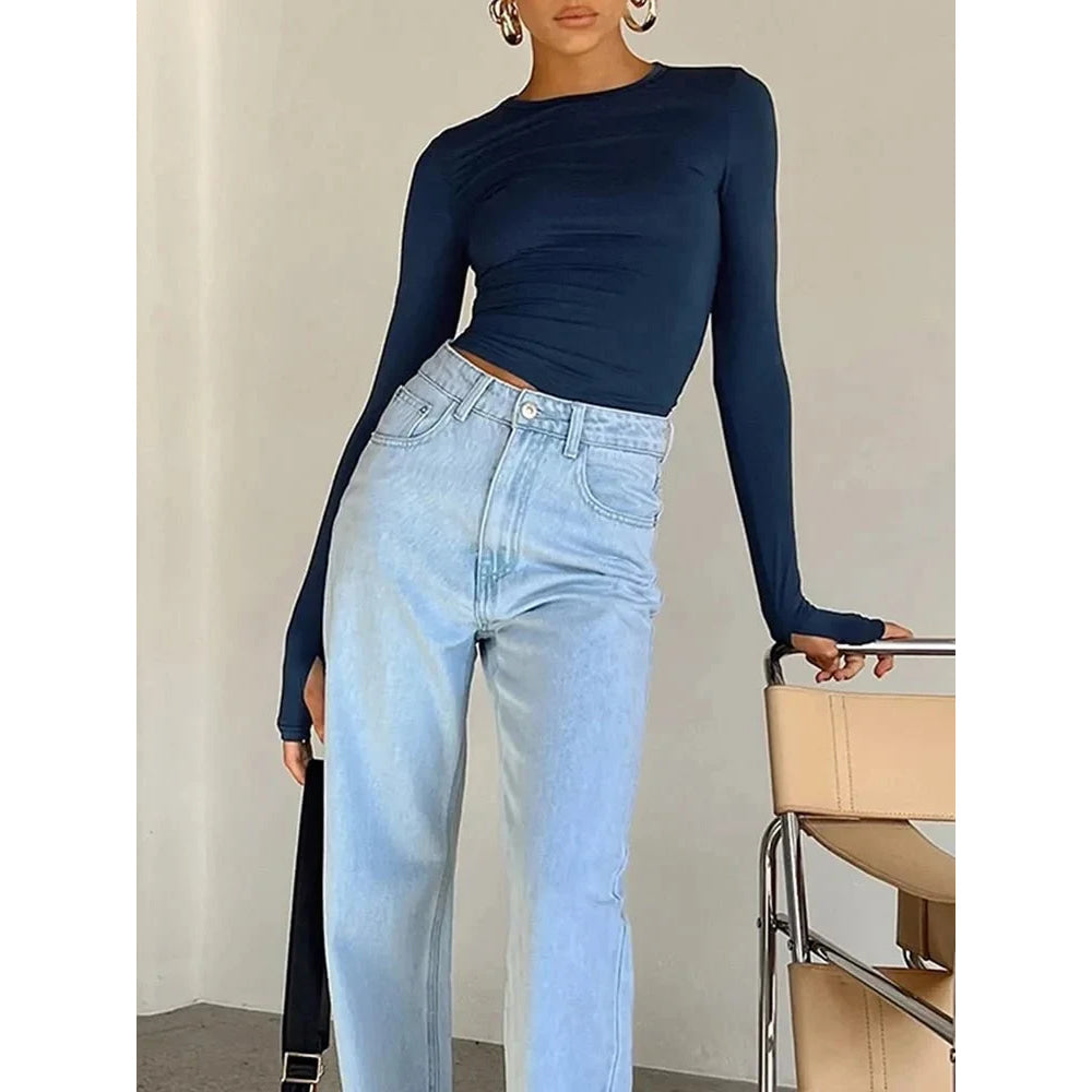 Camiseta de moda para mujer, Top corto ajustado liso con cuello redondo y manga larga con agujeros para los pulgares para ropa de calle diaria, camisola de verano - VibraStore