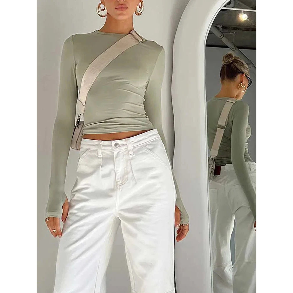 Camiseta de moda para mujer, Top corto ajustado liso con cuello redondo y manga larga con agujeros para los pulgares para ropa de calle diaria, camisola de verano - VibraStore