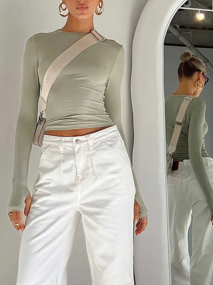 Camiseta de moda para mujer, Top corto ajustado liso con cuello redondo y manga larga con agujeros para los pulgares para ropa de calle diaria, camisola de verano - VibraStore