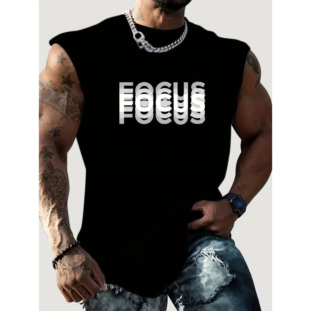 Camiseta sin mangas con cuello redondo y estampado de letras FOCUS holgadas para deportes de ocio de verano para hombre - VibraStore