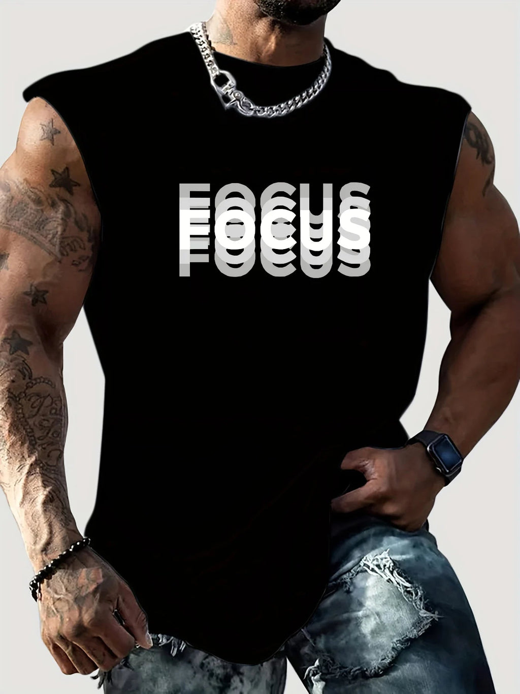 Camiseta sin mangas con cuello redondo y estampado de letras FOCUS holgadas para deportes de ocio de verano para hombre - VibraStore