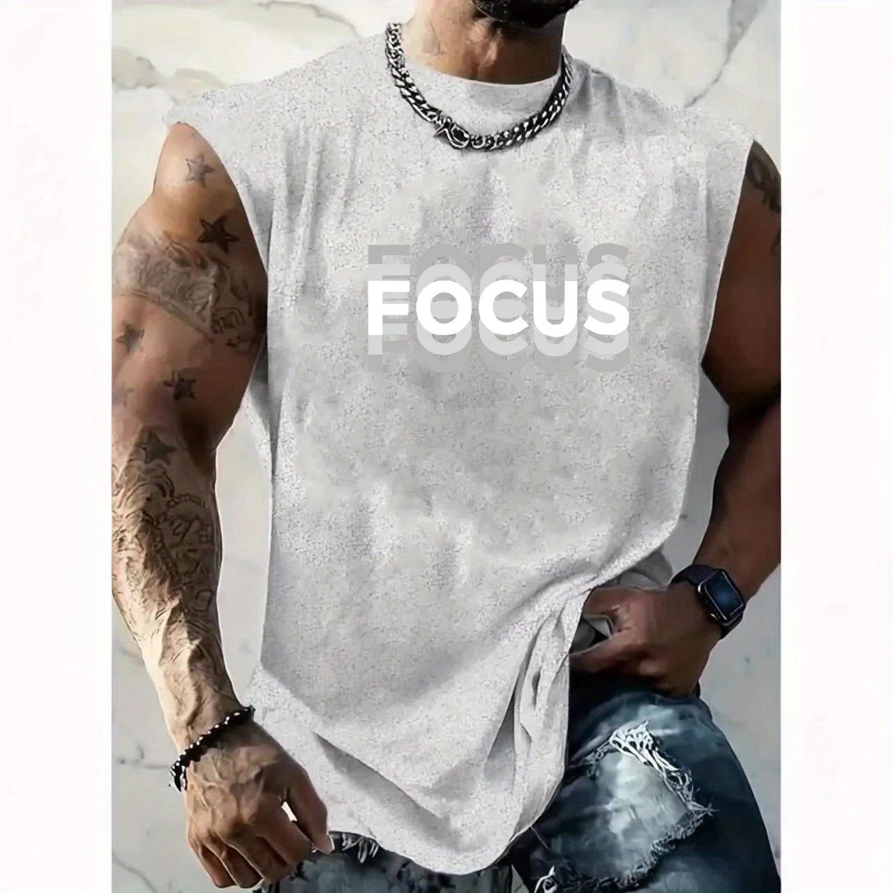Camiseta sin mangas con cuello redondo y estampado de letras FOCUS holgadas para deportes de ocio de verano para hombre - VibraStore
