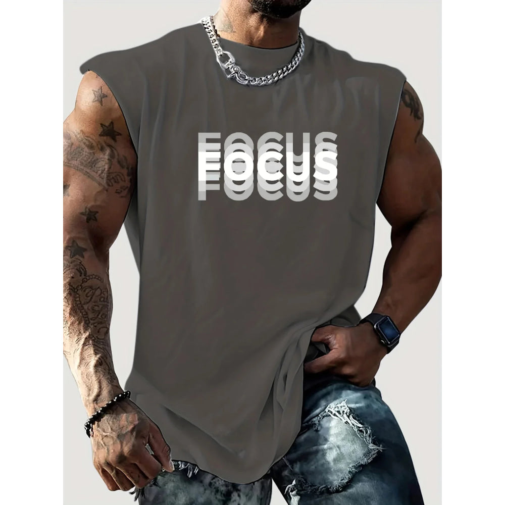 Camiseta sin mangas con cuello redondo y estampado de letras FOCUS holgadas para deportes de ocio de verano para hombre - VibraStore