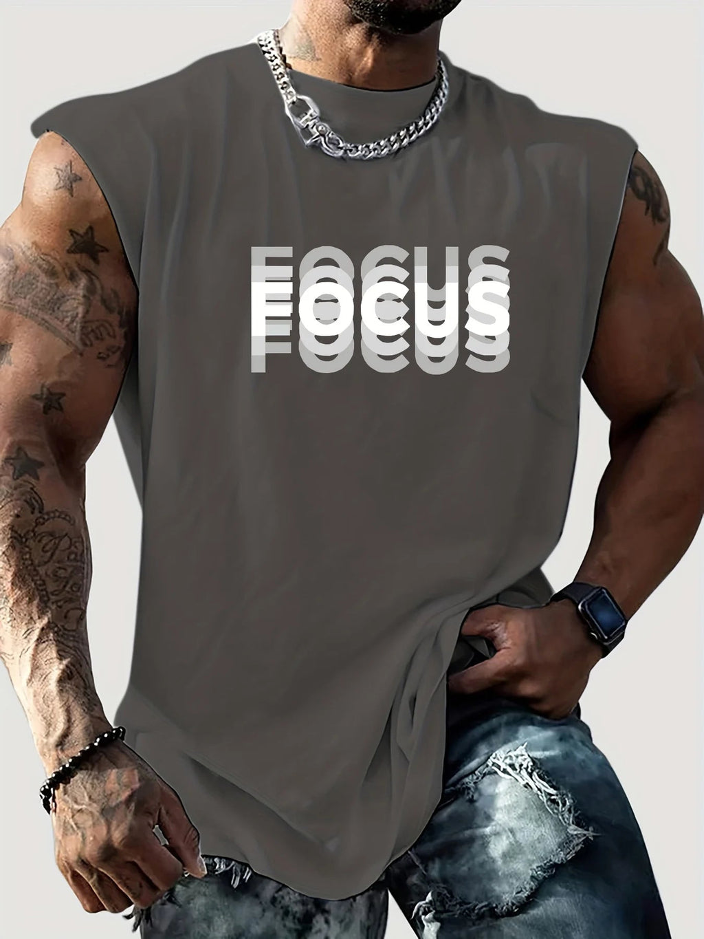 Camiseta sin mangas con cuello redondo y estampado de letras FOCUS holgadas para deportes de ocio de verano para hombre - VibraStore