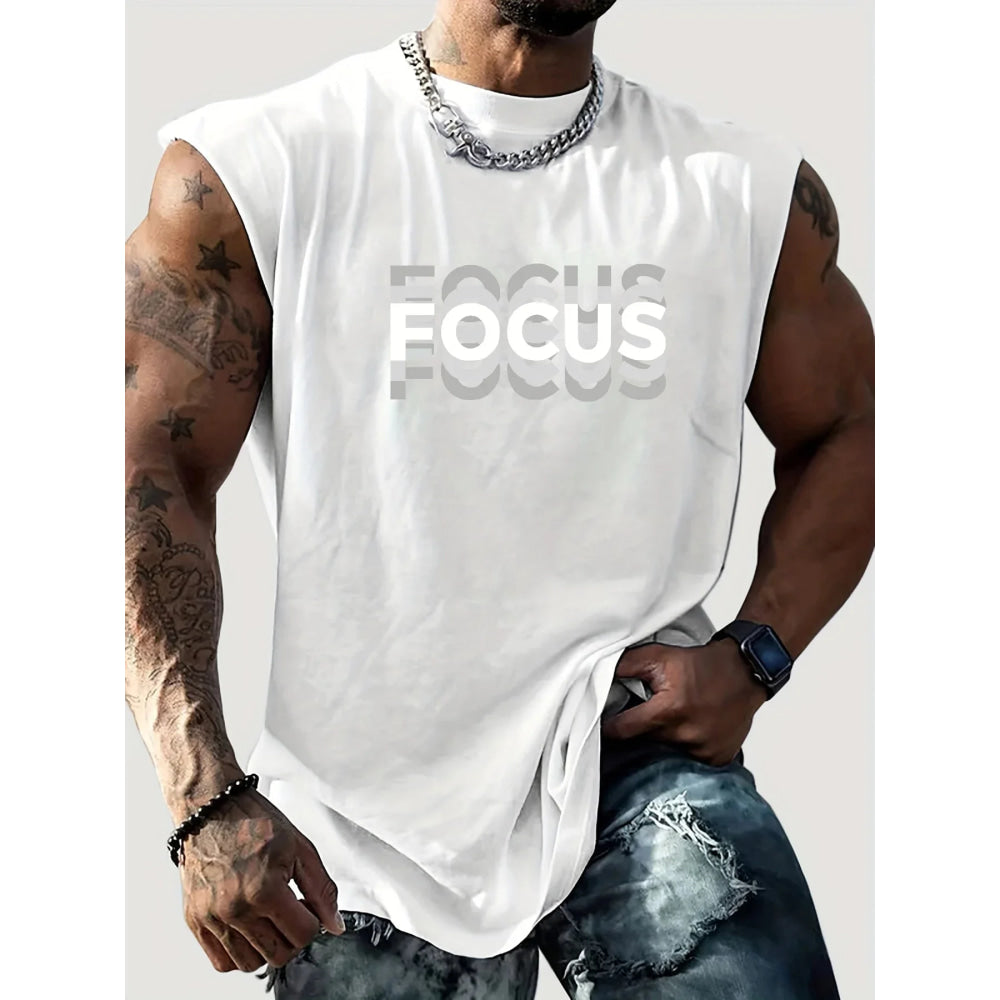 Camiseta sin mangas con cuello redondo y estampado de letras FOCUS holgadas para deportes de ocio de verano para hombre - VibraStore