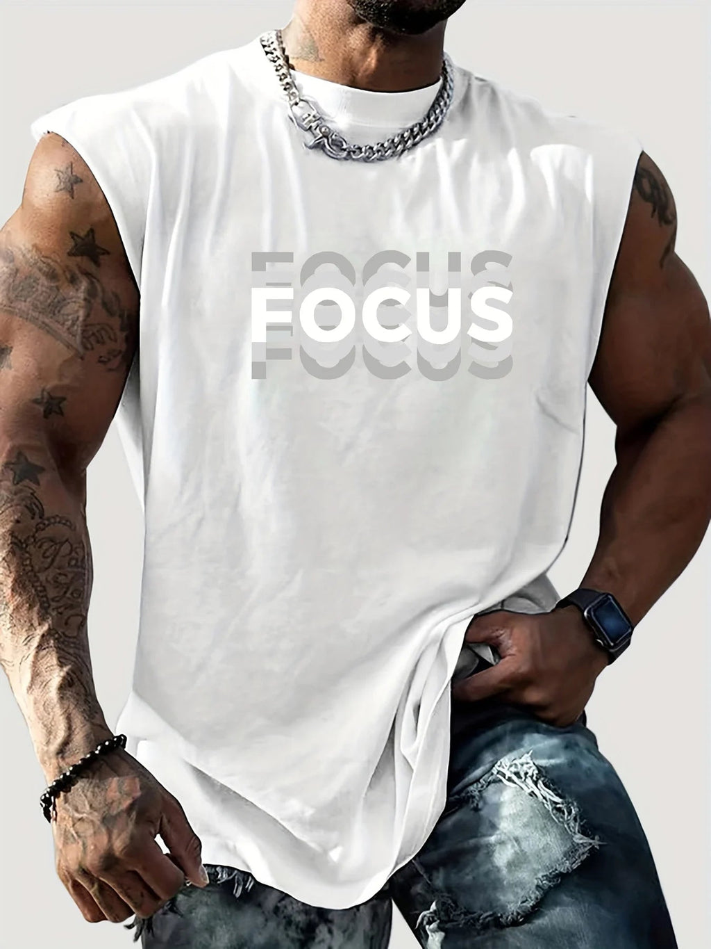 Camiseta sin mangas con cuello redondo y estampado de letras FOCUS holgadas para deportes de ocio de verano para hombre - VibraStore
