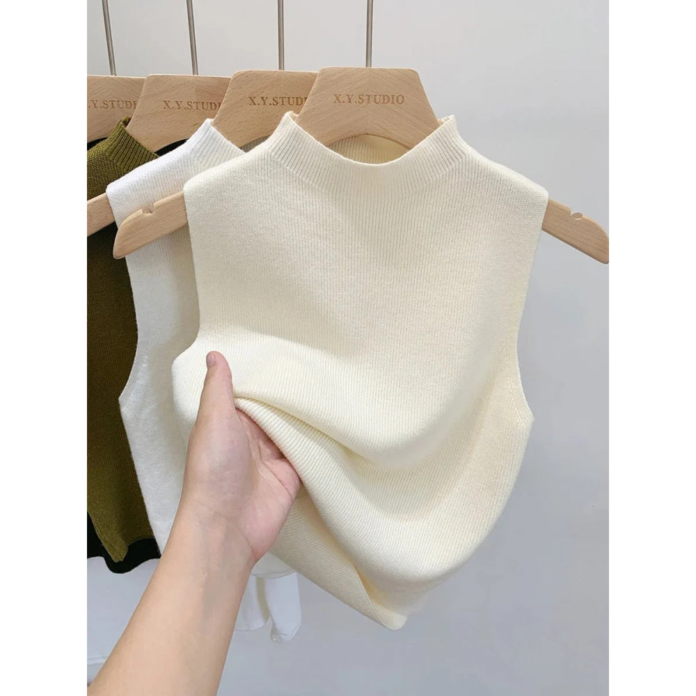 Camiseta sin mangas de punto para mujer, suéter ajustado corto sin mangas, suéteres lisos para primavera y otoño, jerséis 2026 - VibraStore