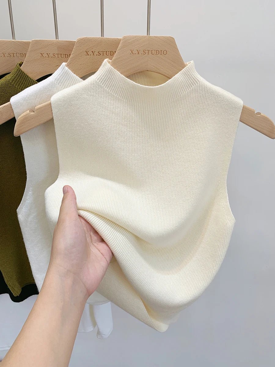 Camiseta sin mangas de punto para mujer, suéter ajustado corto sin mangas, suéteres lisos para primavera y otoño, jerséis 2026 - VibraStore