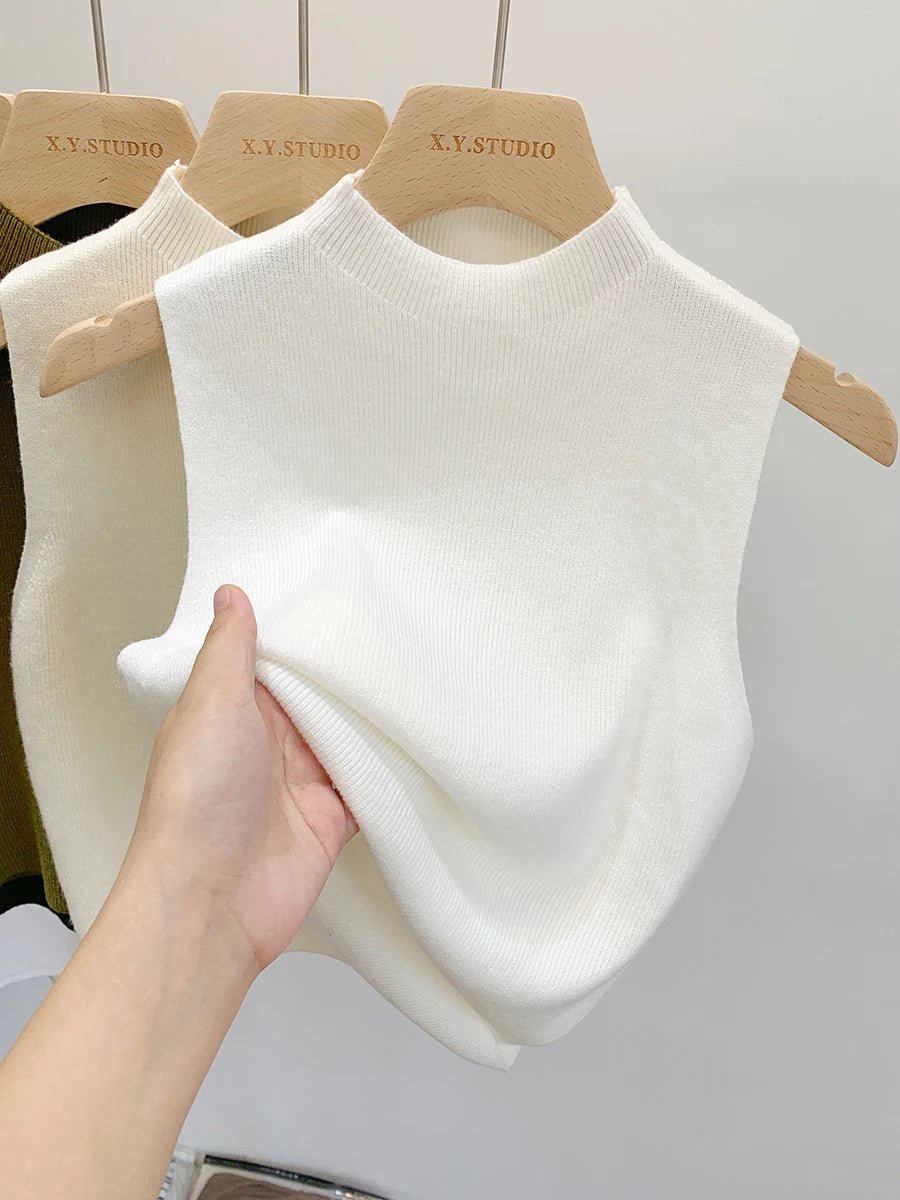 Camiseta sin mangas de punto para mujer, suéter ajustado corto sin mangas, suéteres lisos para primavera y otoño, jerséis 2026 - VibraStore