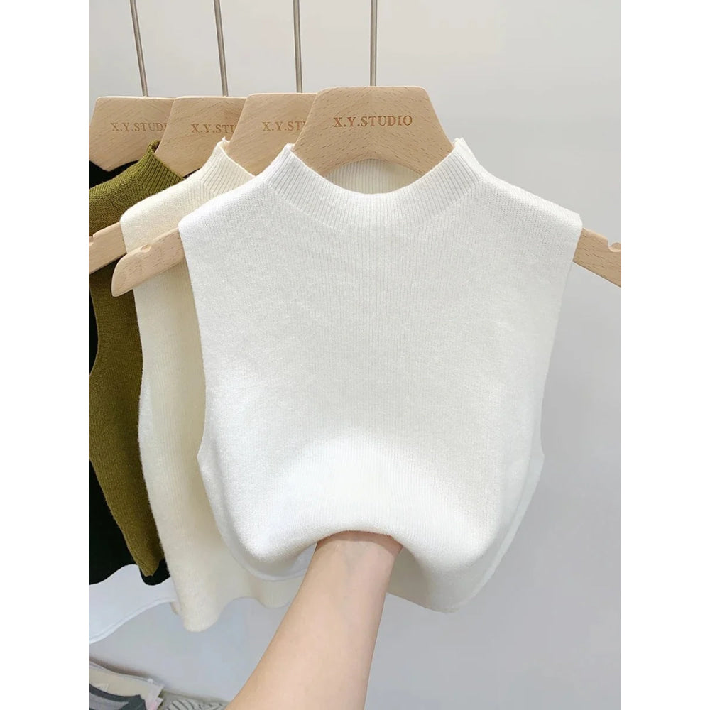 Camiseta sin mangas de punto para mujer, suéter ajustado corto sin mangas, suéteres lisos para primavera y otoño, jerséis 2026 - VibraStore