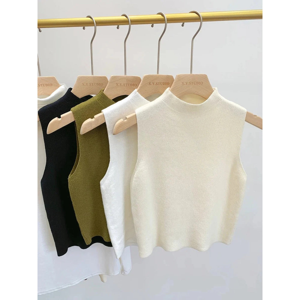 Camiseta sin mangas de punto para mujer, suéter ajustado corto sin mangas, suéteres lisos para primavera y otoño, jerséis 2026 - VibraStore