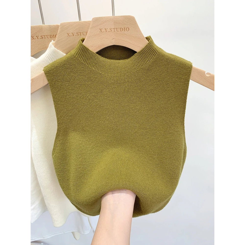 Camiseta sin mangas de punto para mujer, suéter ajustado corto sin mangas, suéteres lisos para primavera y otoño, jerséis 2026 - VibraStore