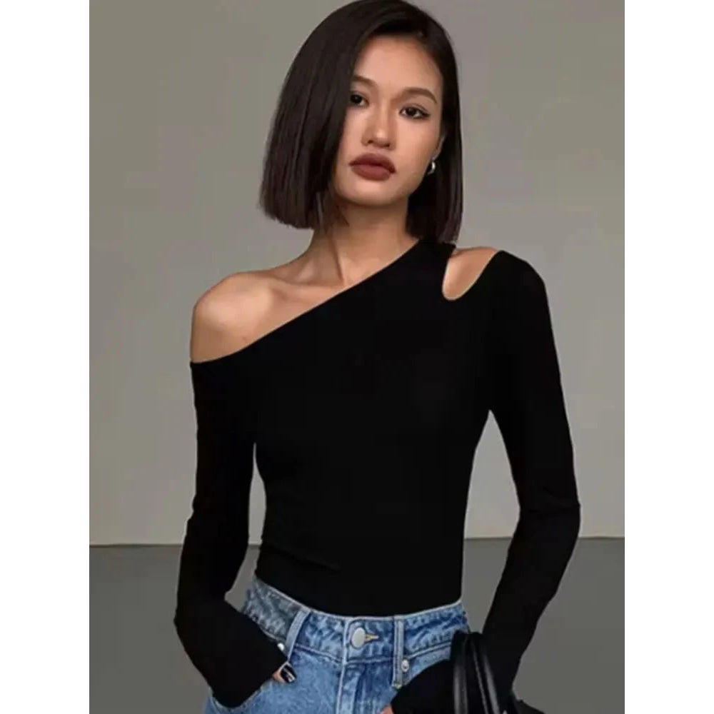 Camisetas de manga larga con hombros descubiertos y cuello oblicuo para mujer, Top corto liso ajustado, camisetas caladas sexys para primavera - VibraStore