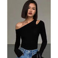Camisetas de manga larga con hombros descubiertos y cuello oblicuo para mujer, Top corto liso ajustado, camisetas caladas sexys para primavera - VibraStore