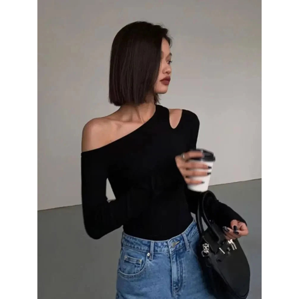 Camisetas de manga larga con hombros descubiertos y cuello oblicuo para mujer, Top corto liso ajustado, camisetas caladas sexys para primavera - VibraStore