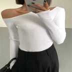 Camisetas de manga larga con hombros descubiertos y cuello oblicuo para mujer, Top corto liso ajustado, camisetas caladas sexys para primavera - VibraStore