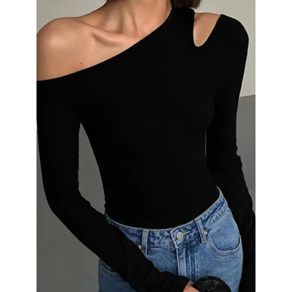 Camisetas de manga larga con hombros descubiertos y cuello oblicuo para mujer, Top corto liso ajustado, camisetas caladas sexys para primavera - VibraStore