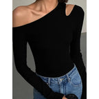 Camisetas de manga larga con hombros descubiertos y cuello oblicuo para mujer, Top corto liso ajustado, camisetas caladas sexys para primavera - VibraStore